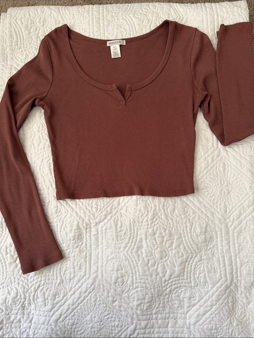 Bozzolo Scoop Neck Ribbed Long Sleeve Crop Top - Mauve Brown